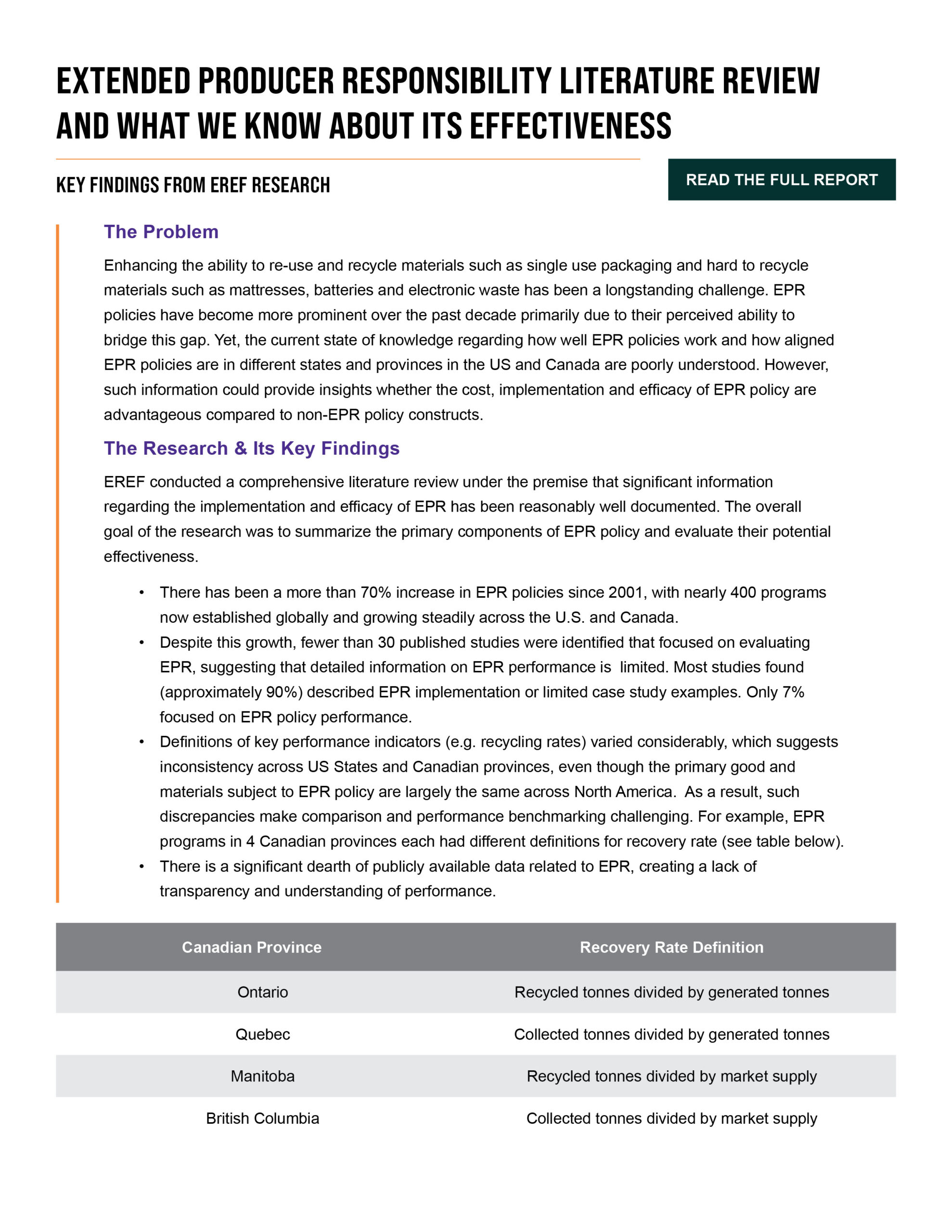 Project Summary: Extended Producer Responsibility Literature Review