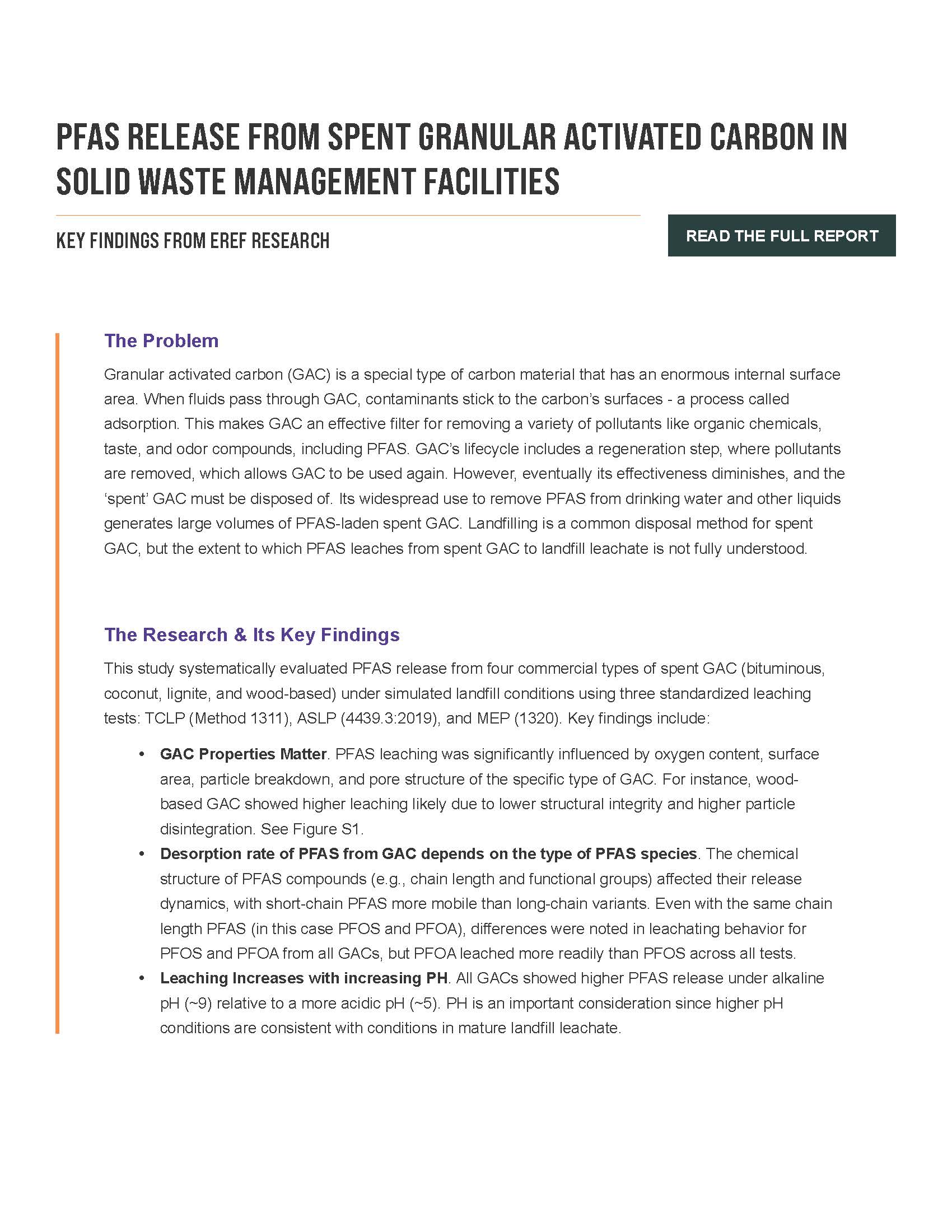 Project Summary: PFAS Release from Spent Granular Activated Carbon in Solid Waste Management Facilities