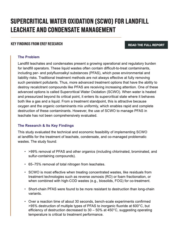 Project Summary: SCWO for Landfill Leachate and Condensate Management